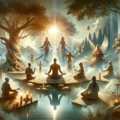 DALL·E 2024-05-05 16.32.43 - A spiritually enriching image representing 'Connection to the Divine'. The scene features a diverse representation of individuals engaging in differen